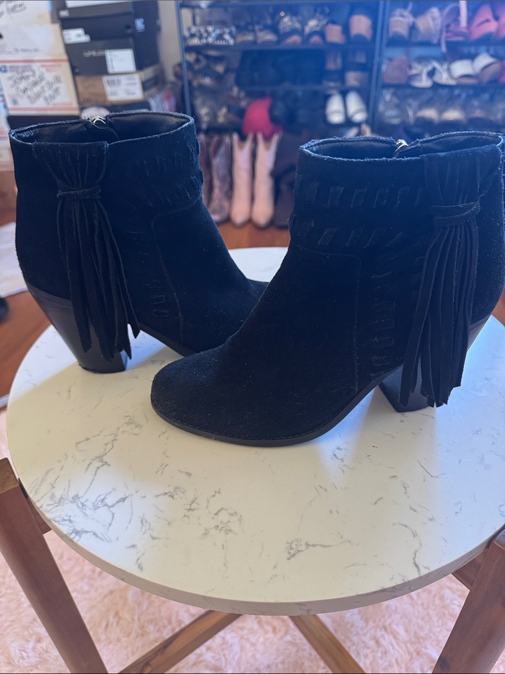 Jessica Simpson Black Suede Fringe Ankle Booties.